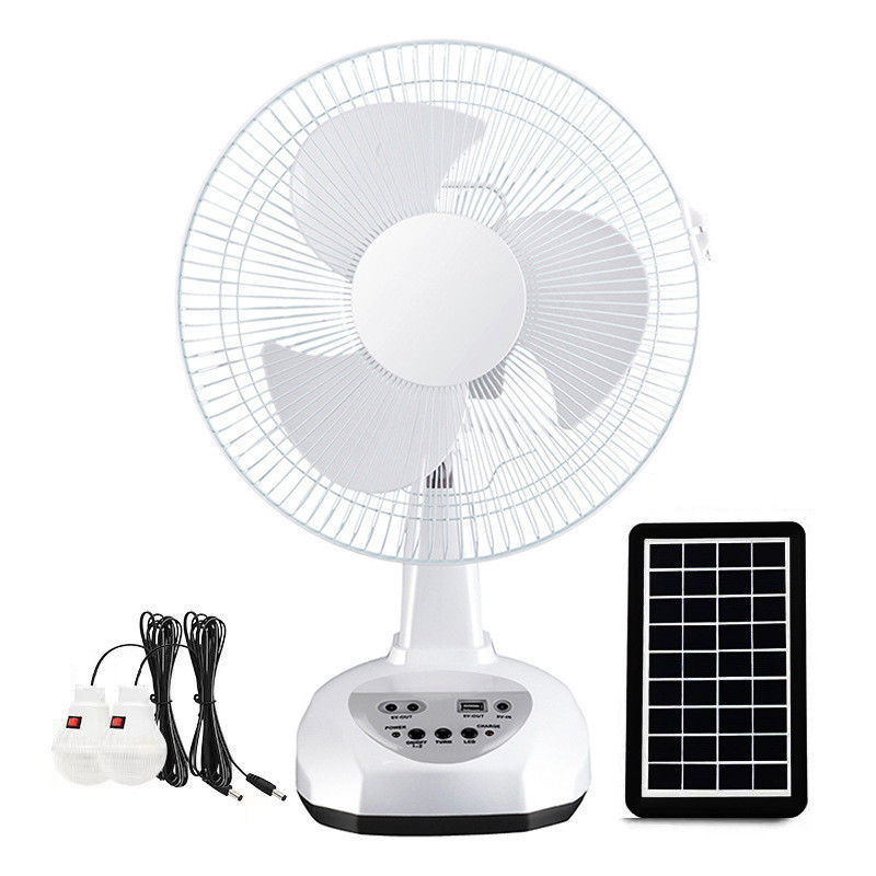 Ventilateur solaire rechargeable de 12 pouces avec batterie et 2 ampoules LED